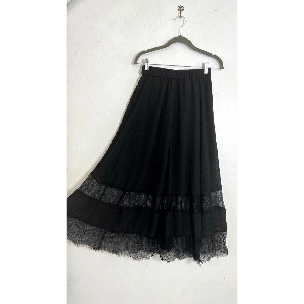 H&M Black Mesh Maxi Skirt 2 Lace Trim Tiered Flowy Micro Dot Dobby Dark Romantic